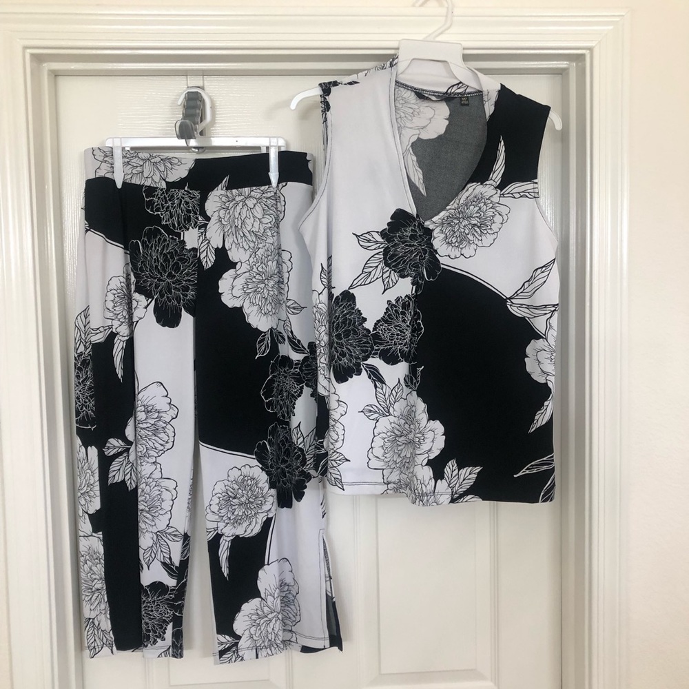 IMAN Black and White Floral Crop Pant with Tank Top Set